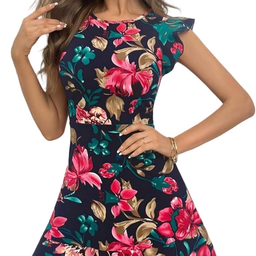 Elegant Floral Dress in Navy and Pink
